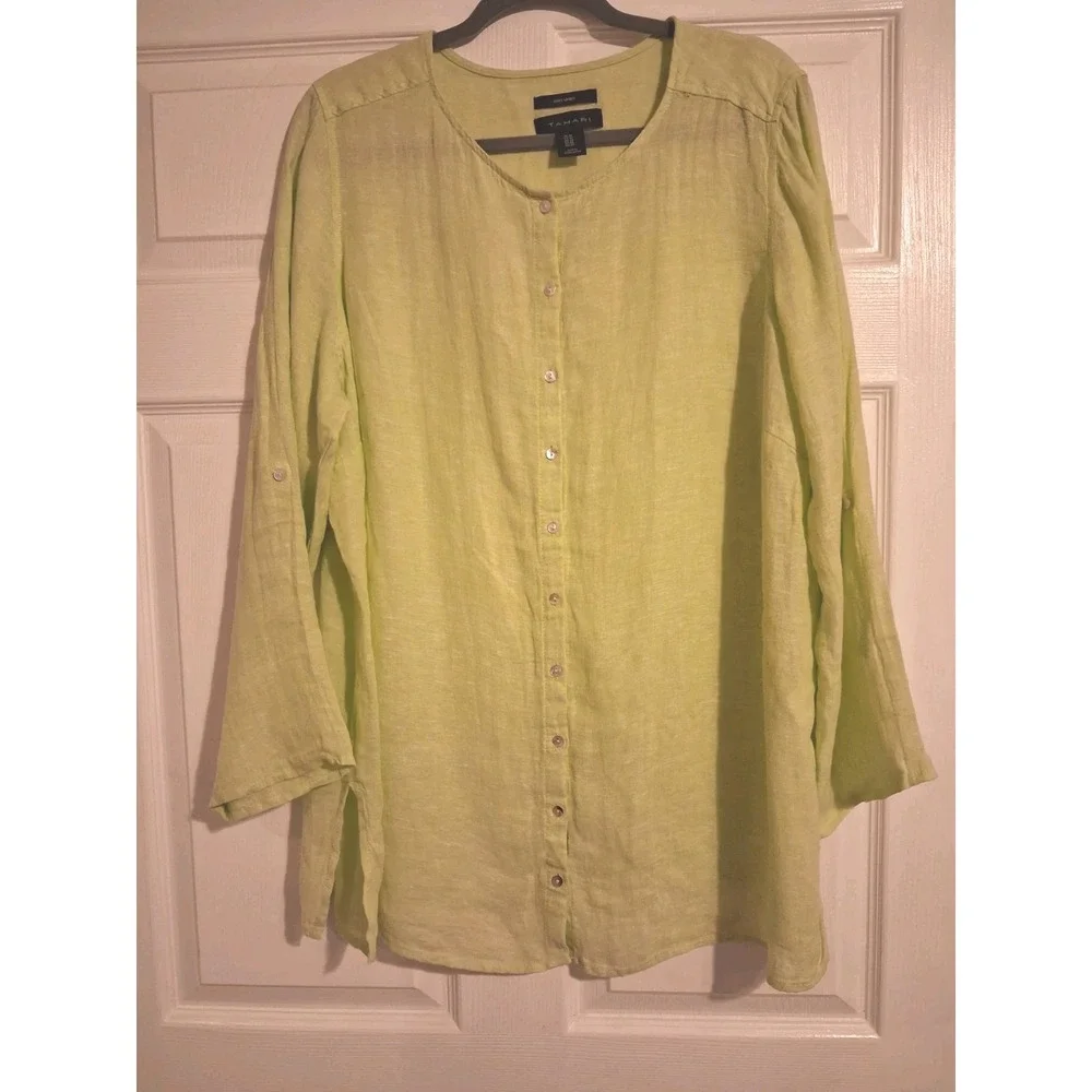 Tahari 100% Linen Tunic Shirt 1X Lime Green Roll Tab Sleeve Lagenlook Coastal